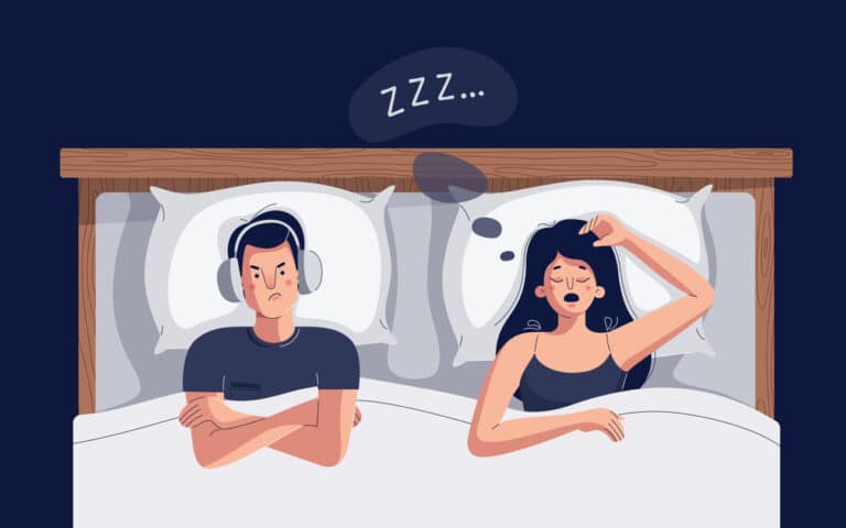 femme ronfler couple mal dormir à deux lit chambre dessin illustration